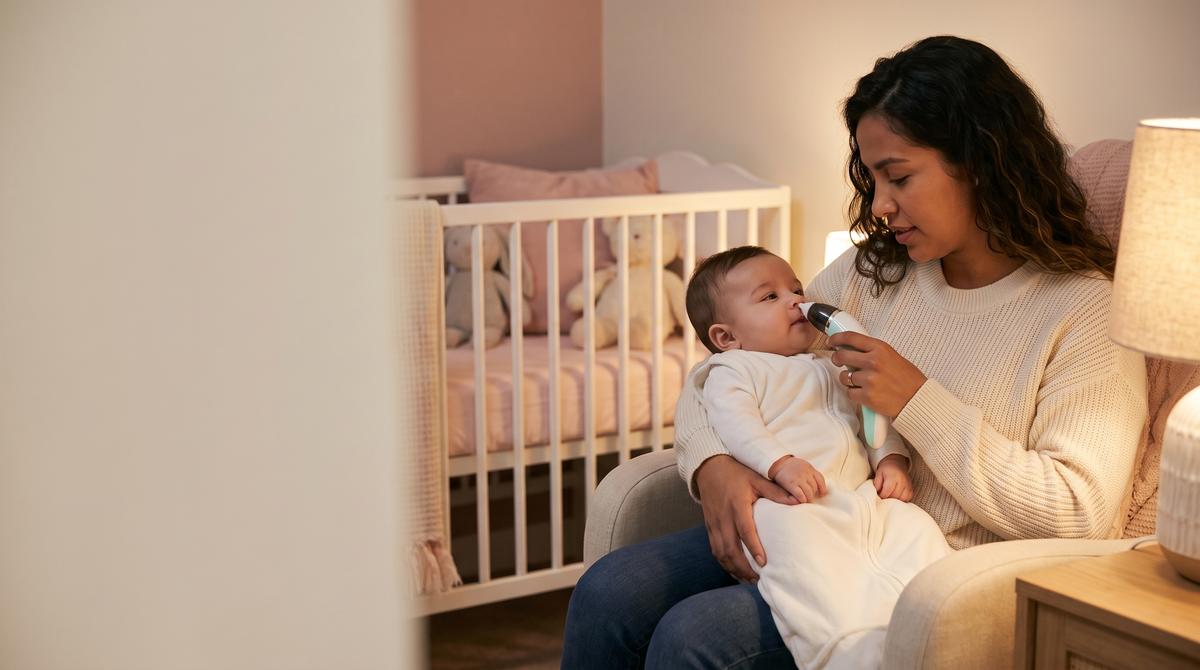 Mamá usando el aspirador nasal con su bebé en brazos