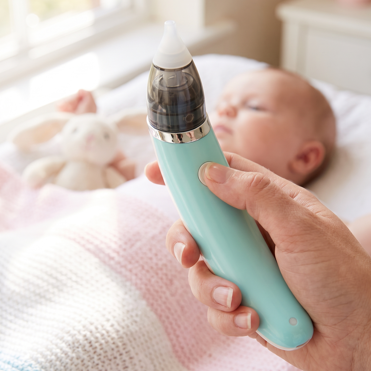 Aspirador nasal Suspiro en la mano con bebé de fondo